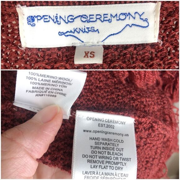 Opening CEREMONY Merino Wool Dark Red Fringe Scarf Short Slv Long Knit Cardigan - Picture 10 of 10